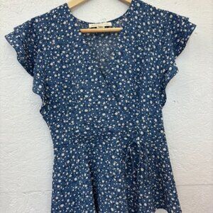 Monteau Los Angeles Blue Mock Wrap Blouse, Small